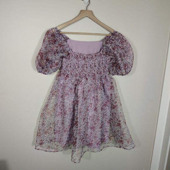 Floral Puff Sleeve Chiffon Mini Dress Purple Cottagecore Fairy Size M - Picture 4 of 10